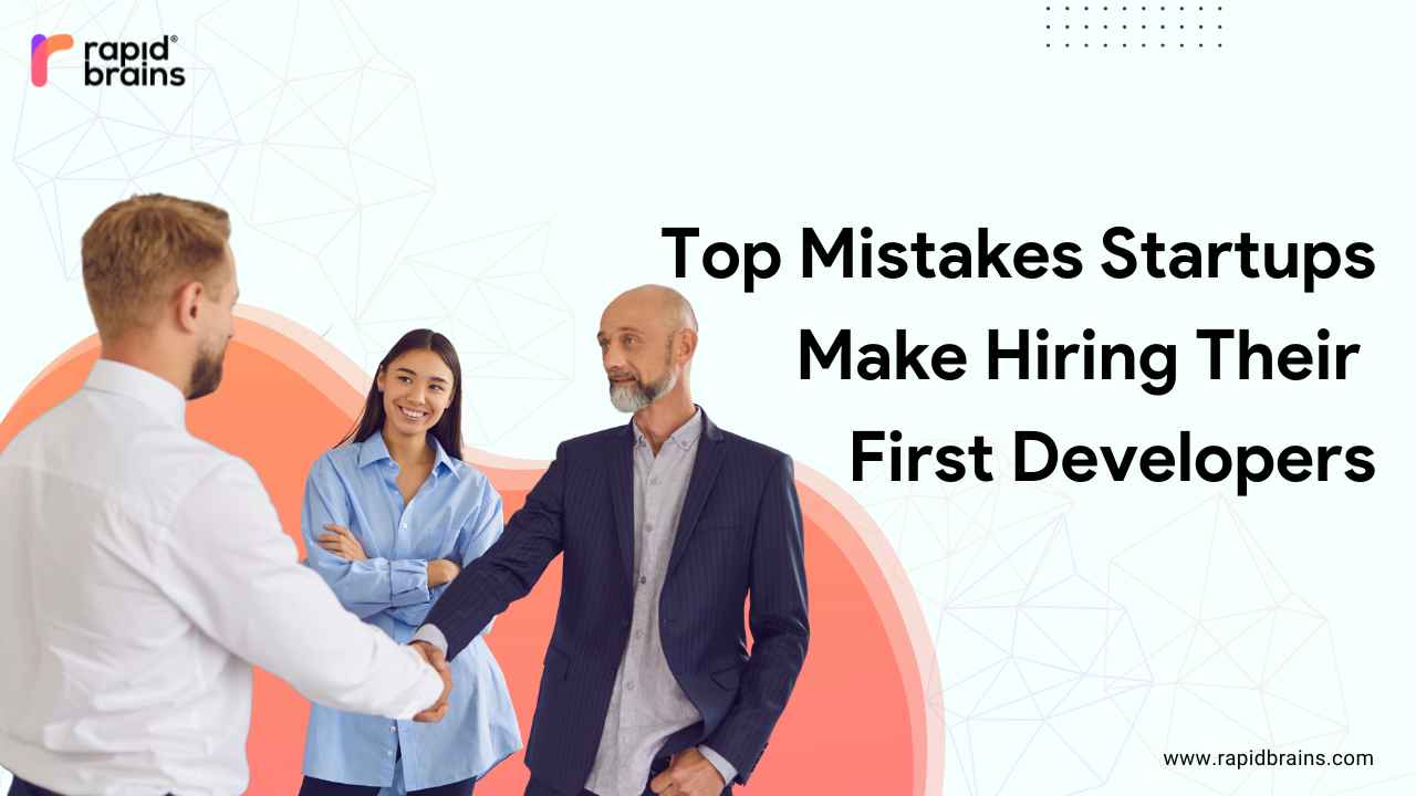 Three professionals standing in discussion, symbolizing early-stage startup collaboration and team building for developer hiring success