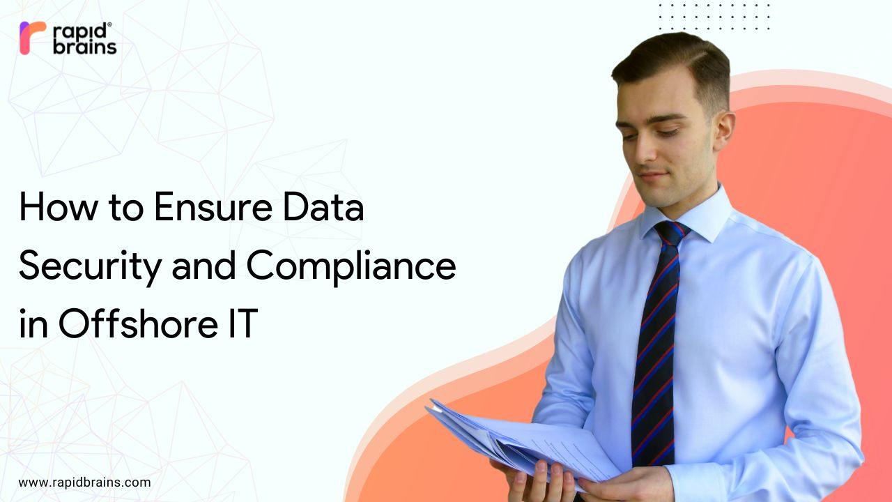 Illustration of global IT outsourcing with shield icons representing ISO and GDPR compliance standards, symbolizing secure data management across borders