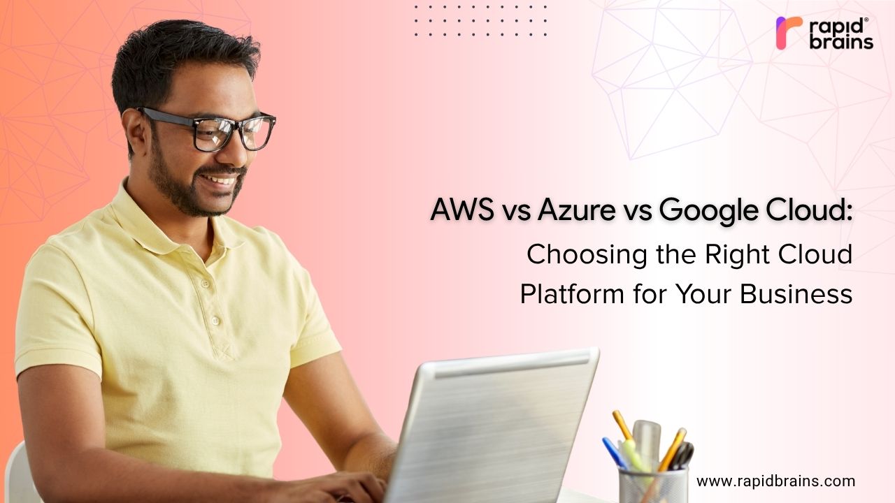 Man working on laptop with text "AWS vs Azure vs Google Cloud: Choosing the Right Cloud Platform for Your Business" by RapidBrains.