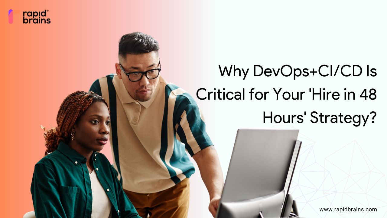 Two professionals working on a laptop with text on DevOps+CI/CD and 48-hour hiring strategy.