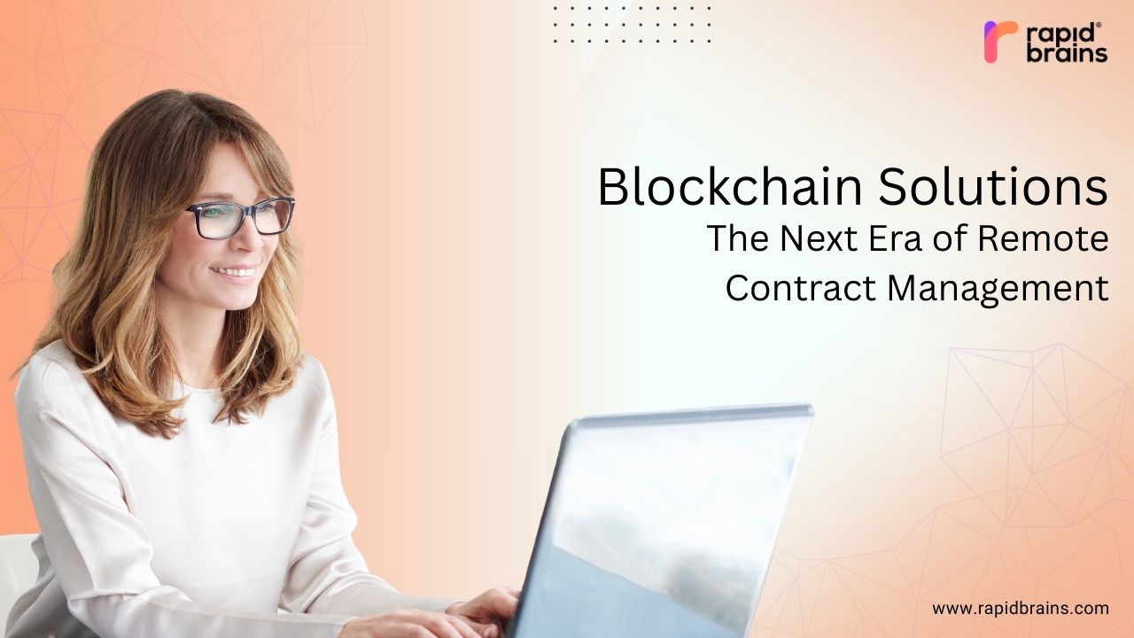 A professional woman working on a laptop showcasing blockchain solutions for the next era of remote contract management – RapidBrains.