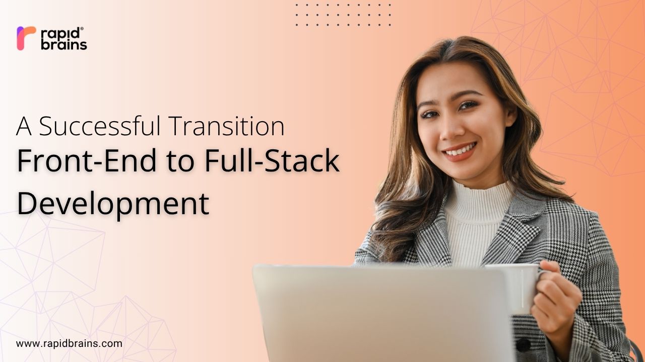 Smiling woman holding a coffee mug and laptop, representing a successful transition from front-end to full-stack development