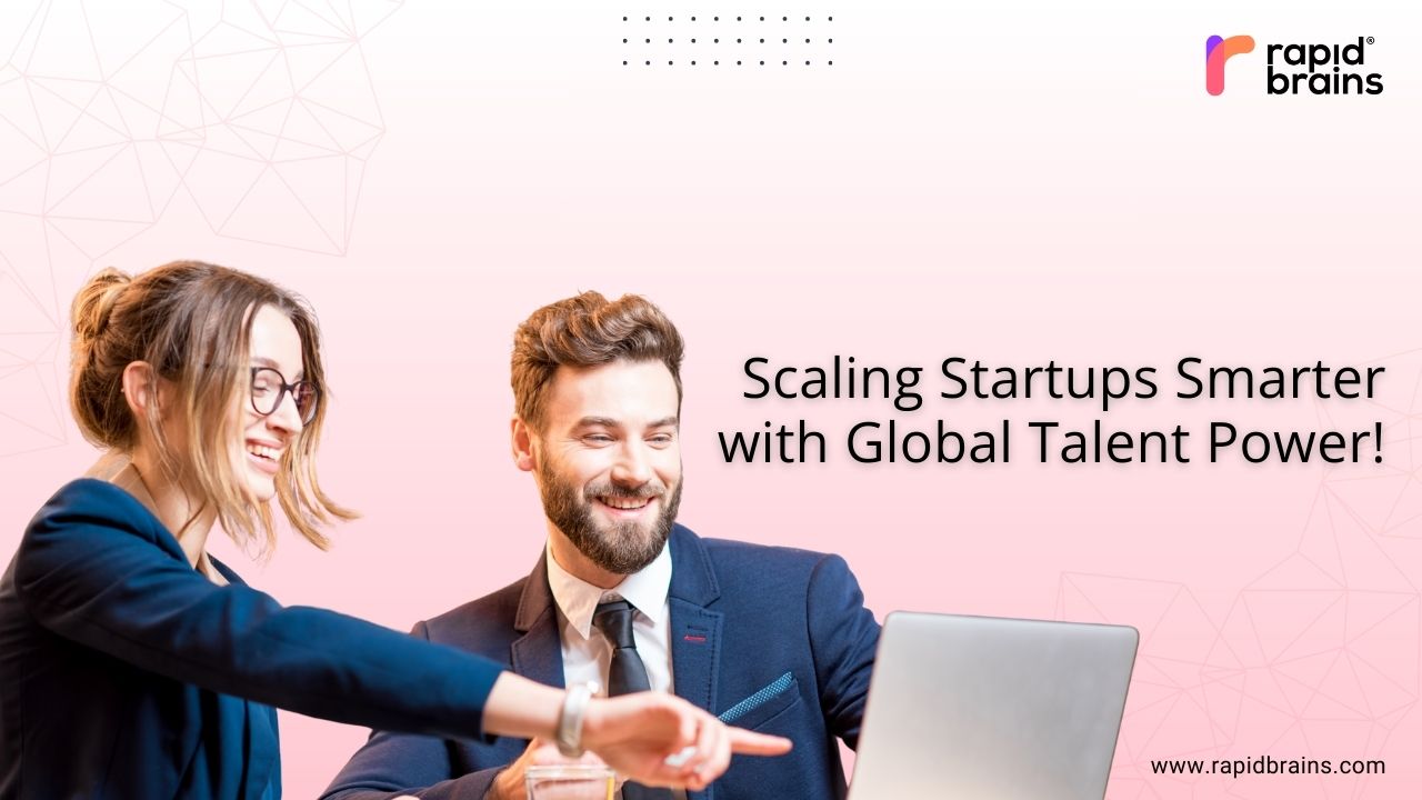 Professionals collaborating on a laptop, showcasing global talent power – RapidBrains.