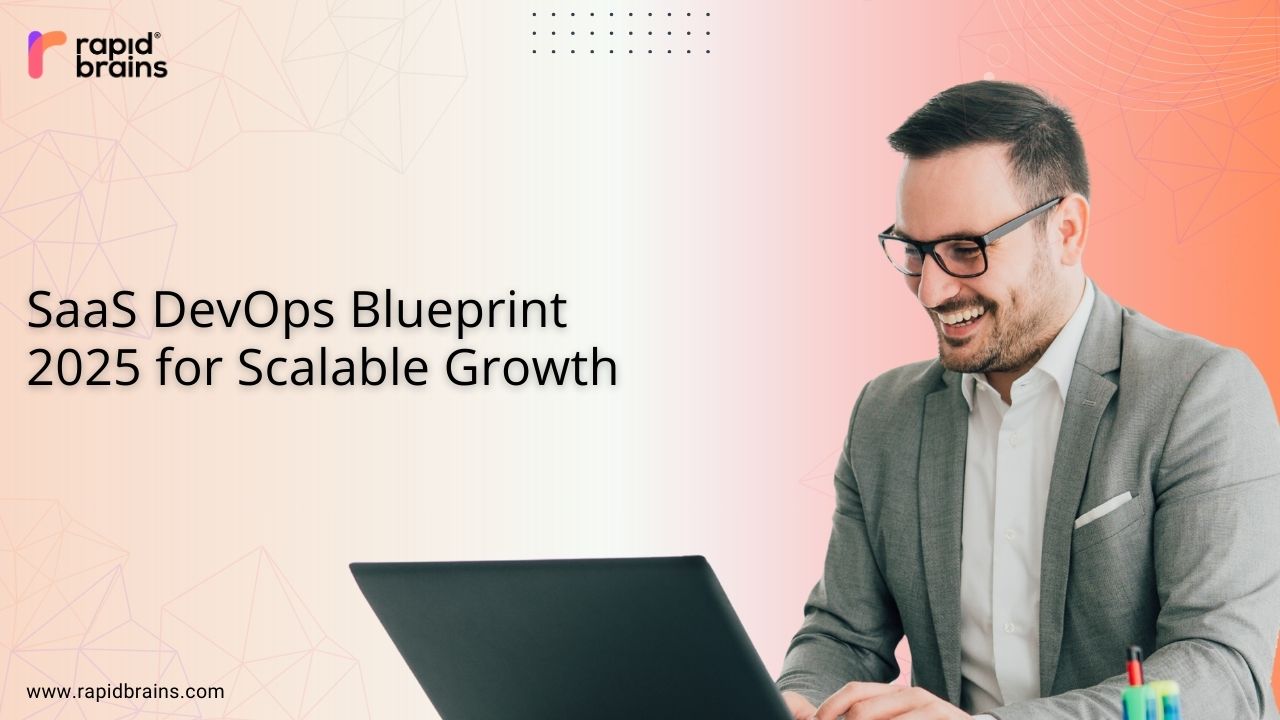 Business professional working on a laptop with a smile, representing SaaS DevOps Blueprint 2025 for scalable growth by RapidBrains.