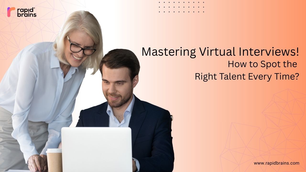 Two professionals discussing strategies for a virtual job interview to identify and hire the right talent, powered by RapidBrains.