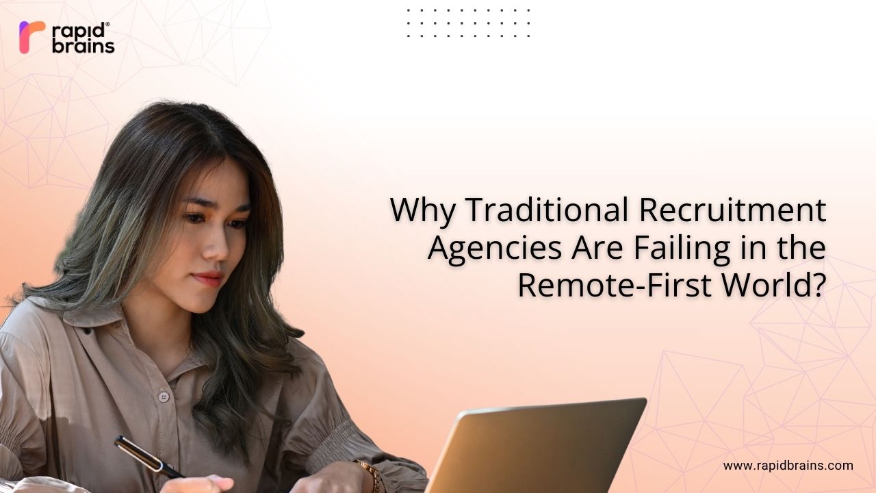 Professional woman working on a laptop with RapidBrains, highlighting the shift to remote-first global hiring.