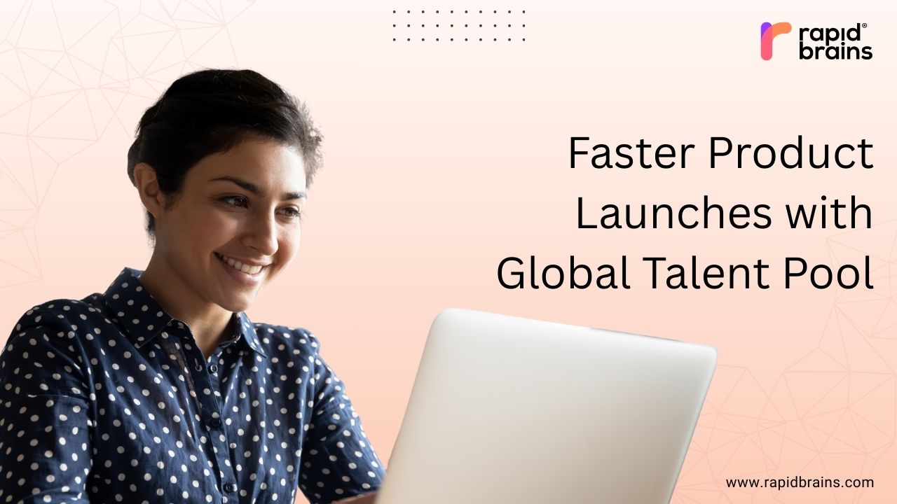 "Smiling professional working on a laptop, representing faster product launches through access to a global talent pool with RapidBrains."