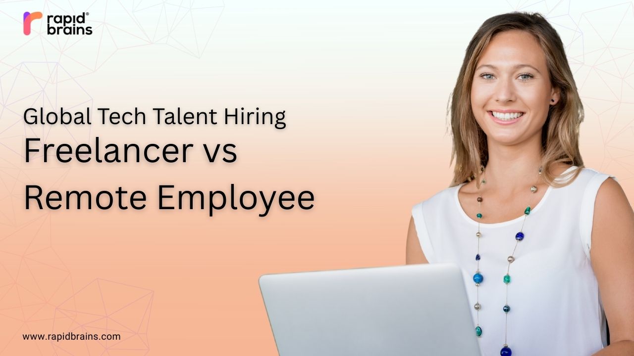 Global tech talent hiring – Freelancer vs Remote Employee with smiling professional woman and laptop.