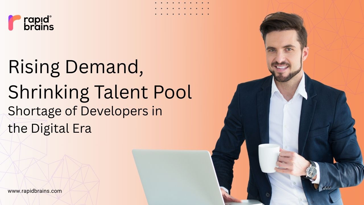 Professional with laptop and coffee symbolizing shortage of developers and rising demand in the digital era.