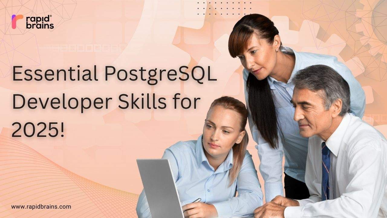 PostgreSQL developers collaborating on a laptop with the banner text “Essential PostgreSQL Developer Skills for 2025!”