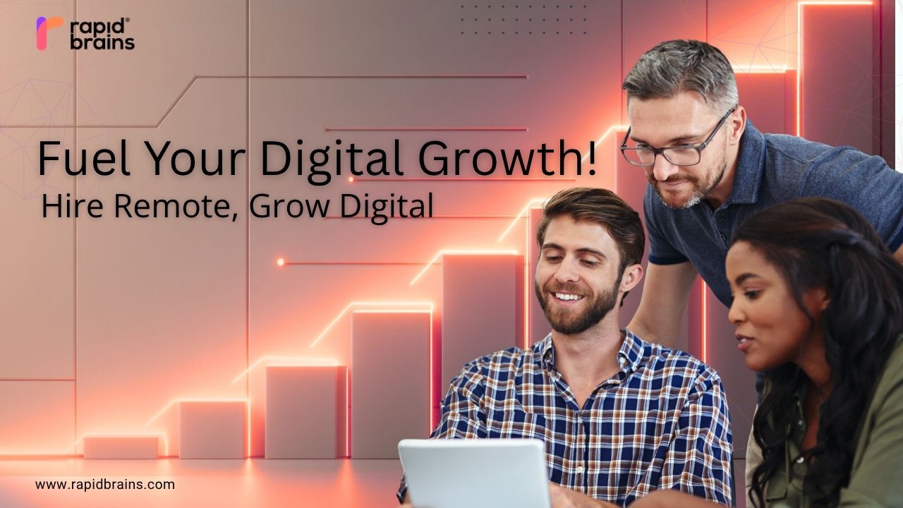 Professionals discussing with the titile- Fuel your digital growth, Hire remote, Grow digital