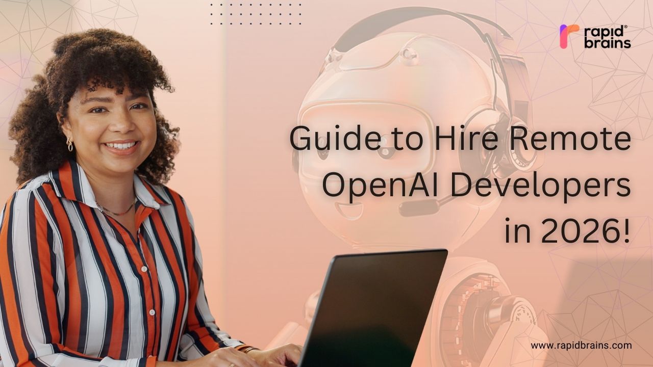 Guide to Hire Remote OpenAI Developers in 2026 – Woman working on a laptop with a robot graphic in the background.