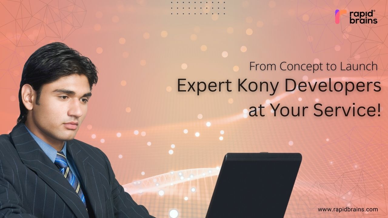 Kony developer working on a laptop, representing expert mobile app development services with a professional business background.