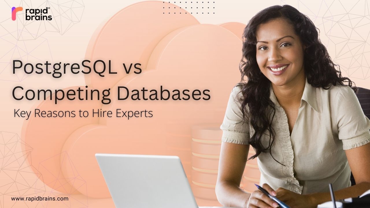 PostgreSQL vs competing databases banner featuring a professional woman at a desk