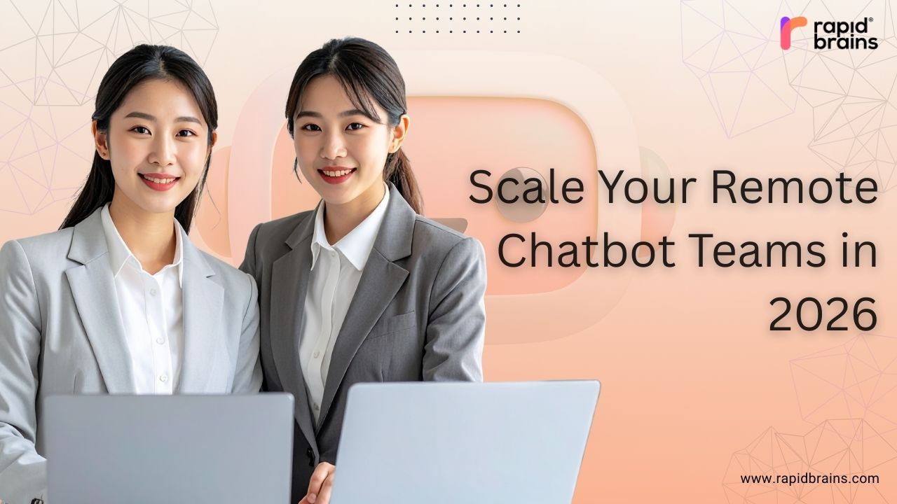 "Chatbot team banner showing two professionals working on laptops with the text ‘Scale Your Remote Chatbot Teams in 2026’."