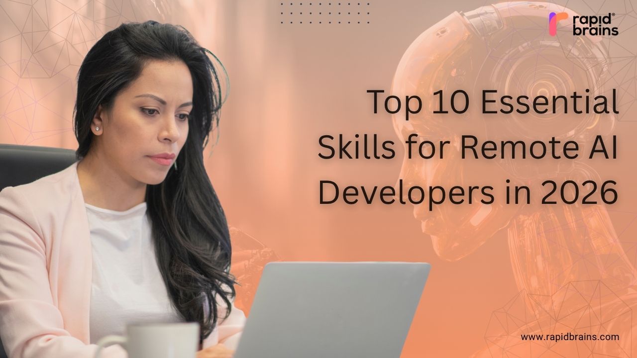 Remote AI developers represented by a woman working on a laptop beside a robot graphic, with the text “Top 10 Essential Skills for Remote AI Developers in 2026.”